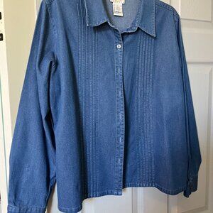 Talbots Blue Jean Denim Button Down Western Collard Pleated Long Sleeve Shirt